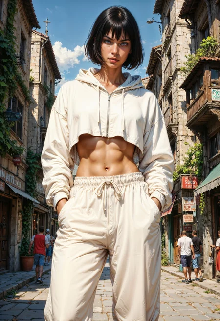 A highly detailed digital illustration in a realistic, anime-inspired style. The subject is a young woman with a slender yet muscular physique, standing confidently in a narrow urban alleyway. She has short, dark hair that frames her face, and her skin is fair. Her eyes are a striking green, and she has a serious expression on her face.
She is wearing a cropped white hoodie that reveals her toned abs, and loose-fitting white sweatpants that hang low on her hips, exposing her defined waist and muscular legs. The hoodie is unzipped, showing a bit of cleavage, emphasizing her small to medium-sized breasts. The sweatpants have a drawstring, and her hands are casually tucked into the pockets, exuding a relaxed yet assertive demeanor.
The background features a picturesque European-style street lined with tall, ornate buildings adorned with green ivy and climbing plants. The buildings have red-tiled roofs, large windows, and decorative balconies. The alleyway is bathed in bright sunlight, casting soft shadows, and there is a clear blue sky with a few scattered clouds. A few pedestrians are visible in the distance, walking down the street, adding a sense of depth and liveliness to the scene.