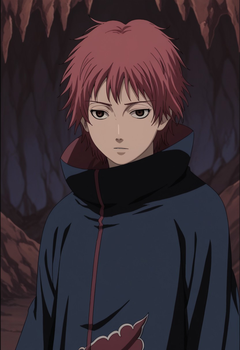 score_9, score_7_up, source_anime, 
sasori, 1boy, male focus, solo, brown eyes, red hair, robe, black robe, high collar, 
indoor, cave, shadows,