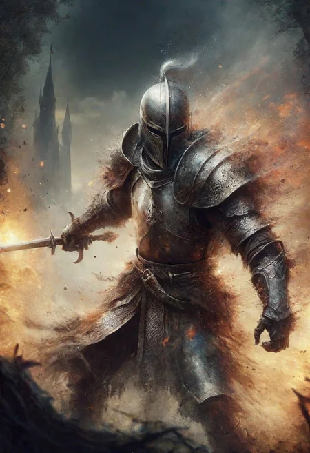 (intricate details, masterpiece, best quality:1.4) ,
J. R. R. Tolkien and Lord of the Ring style art, Vibrant, fantasy, detailed, epic, heroic, reminiscent of A Song of Ice and Fire series, a holy German Templar of the Teutonic Order) who fights against Satan, whole body visible, looking at viewer, dynamic pose
<lora:add-detail-xl:1> <lora:xl_more_art-full_v1:0.5>  <lora:	ControlNet T2I   BodyPose> (fight scene between a knight of the Teutonic Order against Satan). In the background you can see a castle ruin, the scene itself is in a horror forest.<lora:looking_at_viewer:2>