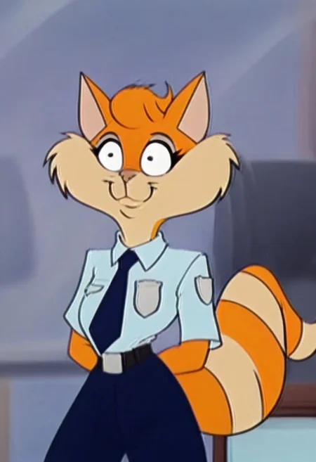 score_9, score_8_up, score_7_up, score_6_up, score_5_up, score_4_up, source_furry,detailed eyes, detailed face, (retro artstyle, 1990s \(style\), flat color, toon \(style\)),Ginger_Wildcat,pocket, 1girl, shirt, blue necktie, necktie, furry female, solo, furry,cat tail, breast pocket, shirt tucked in, body fur, white shirt, pants, orange fur, collared shirt, animal ears, standing, animal nose, blue pants, uniform, arms behind back, indoors, police uniform, cowboy shot, belt, short sleeves, brown fur, happy, police, white fur, constricted pupils, blurry background, black eyes, closed mouth, two-tone fur, sketch, policewoman, striped tail, blurry, black pants, artist name, :3, meme, blue skirt