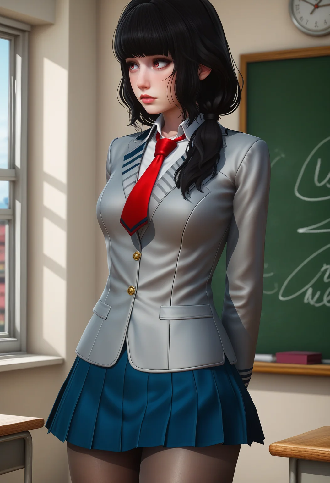 score_9, score_8_up, score_7_up,
1girl, solo, school uniform:grey jacket:blue skirt:black pantyhose, red necktie. low twintails.
indoors, chalkboard, window, standing, arms behind back, looking to the side, thighs, wide shot, depth of field,
<lora:Dark_Luna_Pony_v1.0:0.8> d4rklun4,