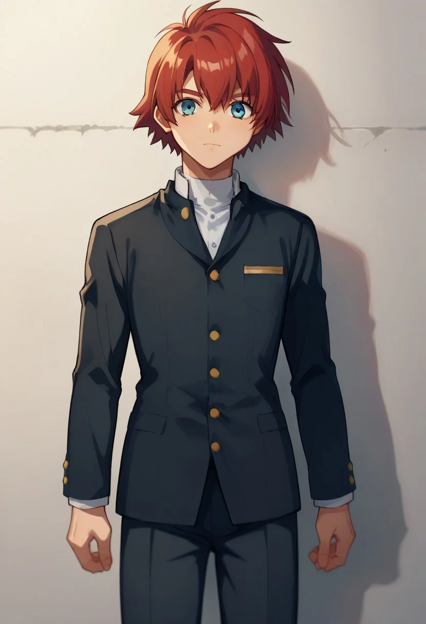 score_9, score_8_up, score_7_up, source_anime, highly detailed,
reidhershel, solo, male focus, 1boy, red hair, blue eyes, gakuran, school uniform, black uniform, long sleeves, pants, black pants, buttons