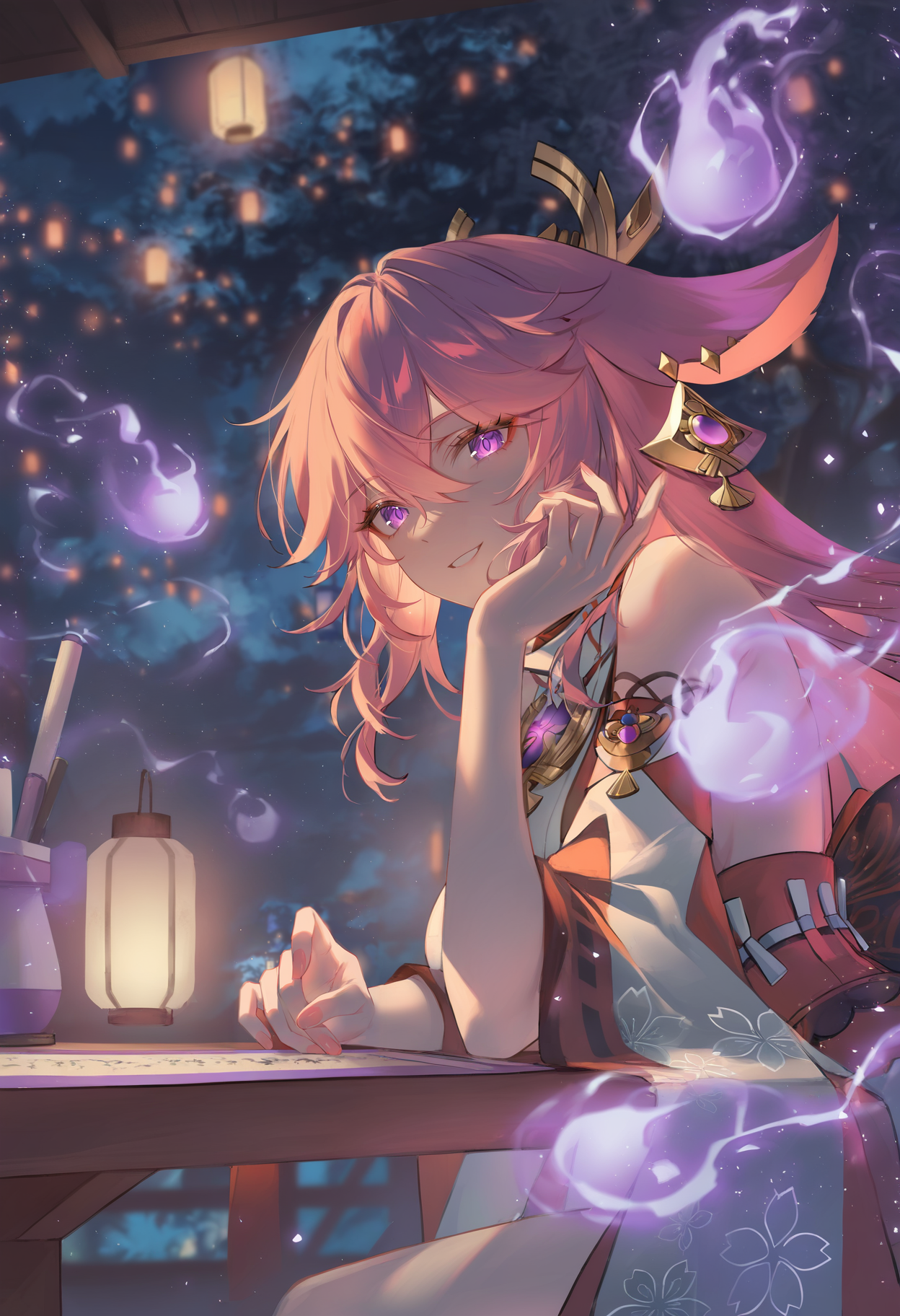m1j1sty111, masterpiece, best quality, newest, absurdres, highres, yae miko \(genshin impact\), solo, table, lantern, scroll, glowing, hitodama, light particles, sitting, long hair, japanese clothes, hair ornament, blue theme, orange theme, pink theme, night, candlelight, (dim lighting:1.4), (dark theme:1.4), (close-up:1.3), looking at viewer, blurry, upper body, purple eyes, smile, outdoors, <lora:artist_blackmeow_mijiblack_vpred:1>