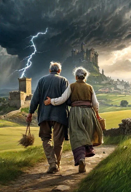 Masterpiece, hd, 8K, Fantasy art, award winning drawing of a old male farmer and a old female farmer in a windy landscape helping each other walking, rugged clothes romantic, storm in background, back view, intricate details, ancient castle in the distance