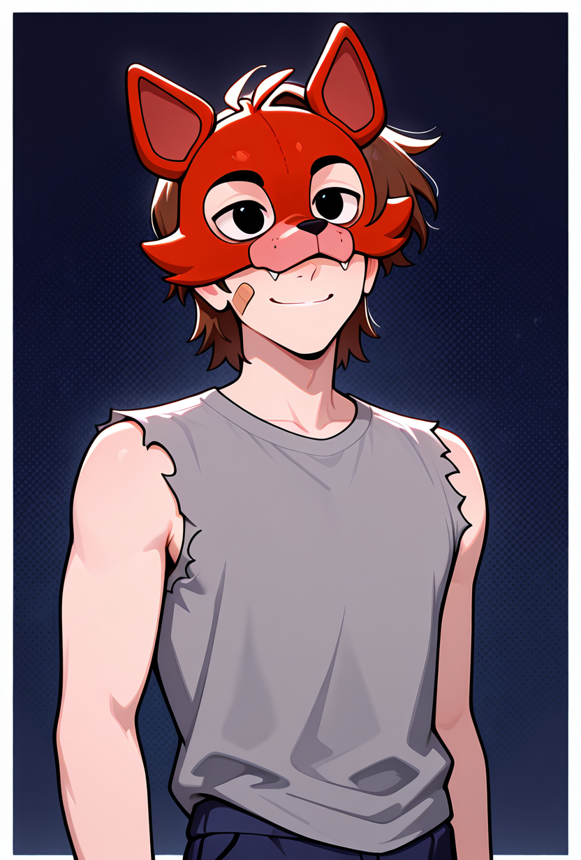 <lora:michafton-10:1> michafton, brown hair, short hair, 1boy, grey shirt, sleeveless shirt, bandaid on face, torn clothes, torn sleeves, navy blue shorts, smile, foxy mask to side, dark blue background,, masterpiece, best quality, amazing quality, very aesthetic, absurdres, newest,, upper body, halftone effect, white borders, abstract background:1.2,
