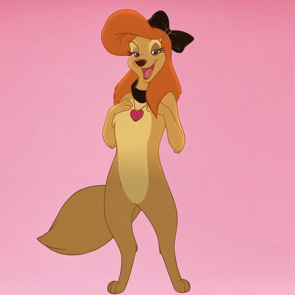 dixiedog, brown fur, black bow, hair bow, brown fur , orange hair , dog((bipedal))), anthro, fluffy fur, standing upright, looking directly at viewer, slightly mischievous, (pose:1.2), (((playing with hair))), large, expressive eyes, detailed paws, (((standing on two legs))),(((front view))), (((pampering self))), (((looking at viewer))), (((flirty))), (((eyelashes))), (((necklace with pink heart pendant))), solo, (((happy))), (((sweet))), (((smiling))), (((loving))), (((open mouth))), (((full body view))), (((half-open eyes))), detailed fur, detailed face, ((((((hands curled by chest)))))), directly facing viewer, brown eyes, (((((((solid pink background)))), no lighting, no shadows, flat colors, (((no shading)))