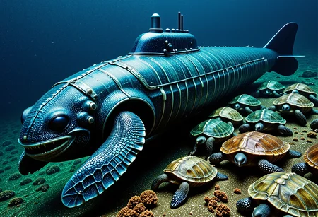 A high quality photograph of a submarine made of reptile skin, rptlsknCE style, underwater swimming alongside several tortoises. <lora:Hyper-FLUX.1-dev-16steps-lora:0.15> <lora:Challenge_Winnifier_ENTERPRISE_EDITION_epoch_5:0> <lora:NewFantasyCoreV3_-_FLUX:1> <lora:ReptileSkin01_CE_FLUX_AIT:1>