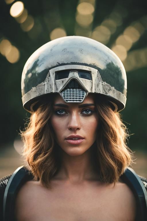 Film still, cinematic, fashion editorial portrait of a stormtroop 20 years old woman from Star Wars, naked with helmet, exposed body, white pastel colors, dark lights, motion blur, slow shutter speed, bokeh, shot on film, sharp focus, shot on canon, vibrant tones, colorful, low key, (detailed skin texture, detailed eyes)