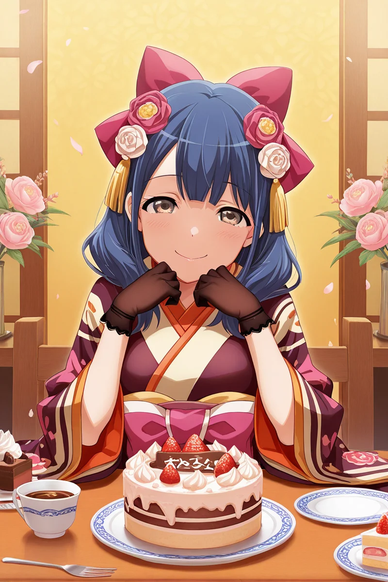 masterpiece, best quality, amazing quality,
<lora:Kaoruko_IL:1> kaoruko, 1girl, blue hair, solo, food, cake, flower, cup, japanese clothes, smile, gloves, hair ornament, table, plate, bow, looking at viewer
