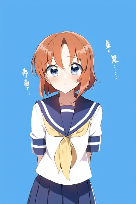 1girl, serafuku, neckerchief, sailor collar,
ryuuguu rena, orange hair, blue eyes,
upperbody, standing,
<lora:PentagonRailgunStyle:1>,
simple background, white background, <lora:ryuuguuRenaHigurashi_v1:0.8>