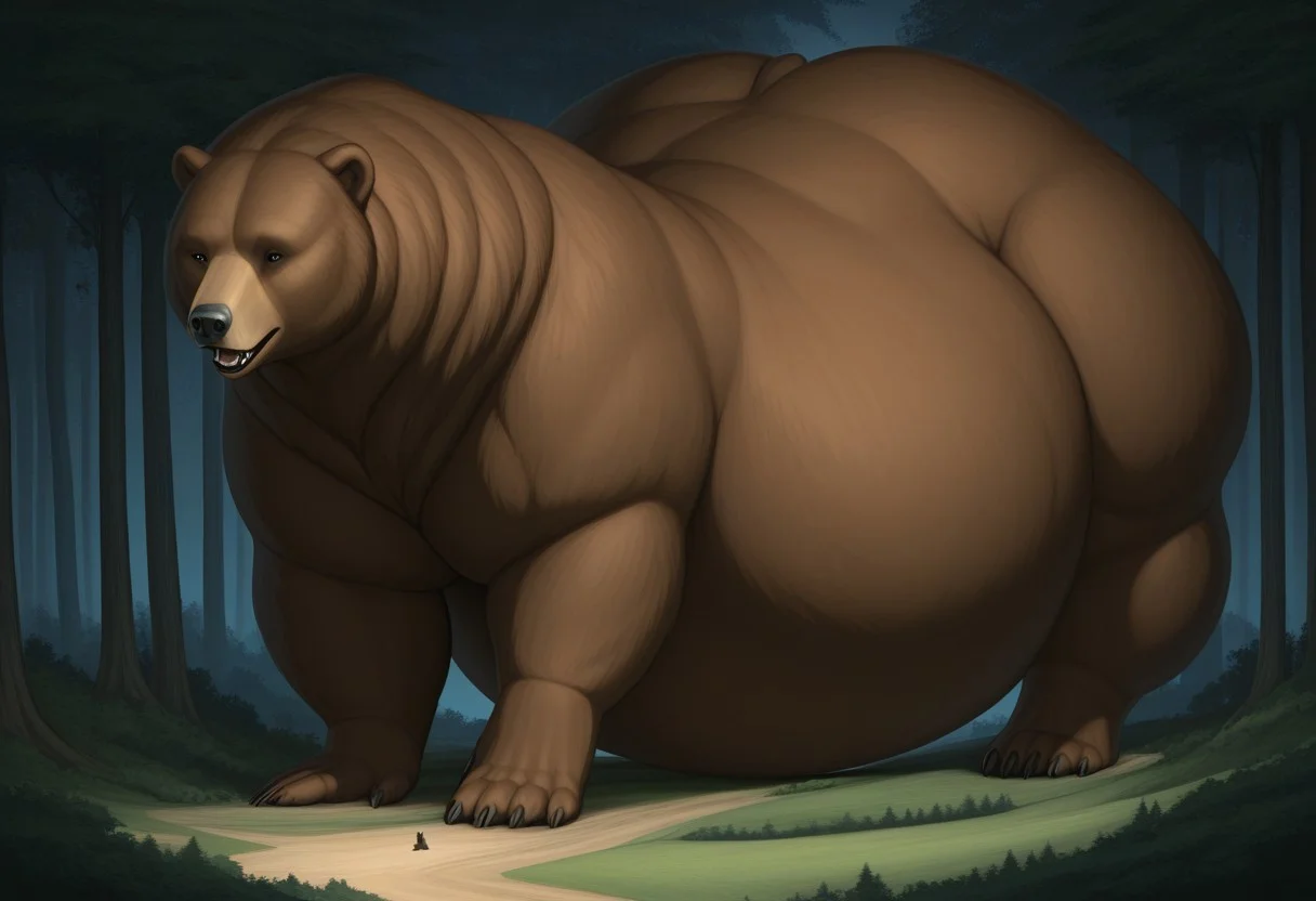 masterpiece, best quality, amazing quality, very aesthetic, absurdres, (meanybeany), solo, forest, detailed background, no humans, bear, hyper obese, macro, oversized animal, landscape