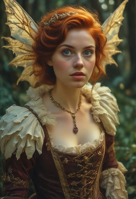 HD 32k dark movie still, photograph, hungry, salivating, vampire teeth, Ms Brown, auburn hair, female pixie princess holding a large bone wearing medieval gossamer dress with two iridescence wings on her back, detailed and colorful, intricate colorful landscape background, subsurface scattering, strong dappled lighting with soft shadows, ambient palette, strong lighting, highly aesthetic background, otherworldly, attractive colors, trending on artstation, sharp focus, studio photo, intricate details, highly detailed, cinematic realism, high action pose, perfect pupils, insanely detailed faces, correct digits, dark fantasy style