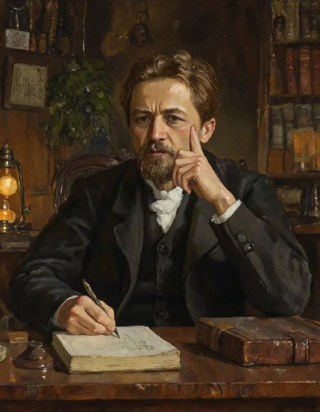 Rembrandt style <lora:Dark_Ghibli:0.6>, Portrait of Anton Pavlovich Chekhov â a masterpiece painting style. A realistic, highly detailed portrait of the famous Russian writer Anton Chekhov in his middle age, around 40 years old. He is sitting at a wooden desk in a dimly lit study filled with antique bookshelves, old manuscripts, and a burning oil lamp. His expression is thoughtful and melancholic, reflecting deep intellect and literary genius. He is dressed in a classic 19th-century dark suit with a white shirt and cravat. The background should be warm and moody, with rich browns, deep greens, and golden shadows to emphasize the atmosphere of late 19th-century Russia. Use dramatic chiaroscuro lighting to highlight his face and hands resting on a notebook and pen. Style inspired by the great realist painters like Ilya Repin or William Bouguereau â precise details, emotional depth, and historical authenticity., <lora:ЧÐÐ¥ÐÐ:1> . Baroque, chiaroscuro, realistic, emotional, "flat lighting