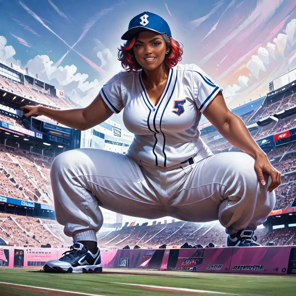 score_9, score_8_up,score_7_up, photorealistic illustration, photorealism illustration,rating_questionable, 1girl, (macrogts, giantess), smug, short hair, red hair, softball player outfit, baseball shirt, long baseball pants, baseball hat, cleats, thick, curvy, chubby, voluptuous, thick thighs, muscular, very dark tan skin, high detail, (sitting on edge of stadium building stands), baseball stadium, looking at viewer, outside, baseball field, stands of people, stadium lights, highly detailed beautiful eyes, extremely detailed, dramatic lighting, <lora:Concept Art Brush Style LoRA_Pony XL v6:0.8>, concept art, digital art, <lora:hand 4:0.8>, detailed, perfect, perfection,<lora:feet v3:1>, <lora:LCMTurboMix_Euler_A_fix:0.8>, calm relaxed expression, light smile, <lora:minigts-000026_pdxl_ada:1.2>