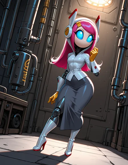 masterpiece, best quality, amazing quality, very detailed, newest, no humans, solo, WnKrbSs, pink hair, blue eyes, colored sclera, pale skin, (floating hands, floating head), white shirt, headband, hood, gray skirt, yellow gloves, 1girl, anthro, secretary, steampunk, machinery, (robot girl, hyper realistic, shiny body, mechanical body, mechanical joints, machine, led eyes, glowing eyes, realistic background), photo, 4k, 8k, absurdres, digital painting, full body, long skirt, white boots, high heels boots, standing, shortstack, (solo), hand up, feet apart, (dynamic pose, dynamic angle), (rim lighting, colored lighting, sci-fi, dramatic lighting), <lora:ba1328b4-66eb-4282-9436-0028ccf88215:0.8>