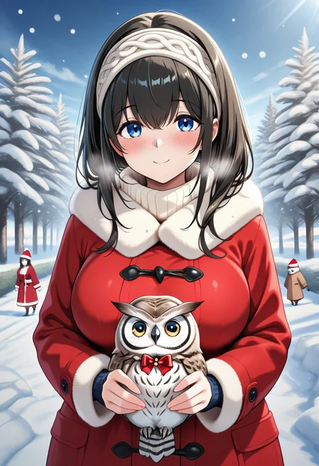masterpiece, best quality, newest, absurdres, highres, anime,
fumika sagisawa, blue eyes, black hair, long hair, large breasts,
1girl, blush, smile,
winter clothes,
outdoors, winter,
Animal Christmas, cute animal, owl,