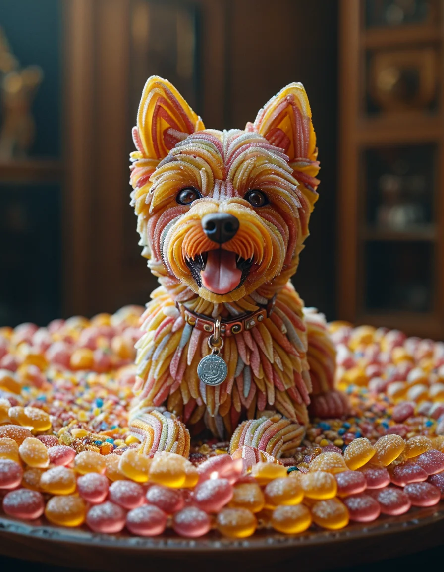 cinematic still 1dog, made from candy, portrait . emotional, harmonious, vignette, 4k epic detailed, shot on kodak, 35mm photo, sharp focus, high budget, cinemascope, moody, epic, gorgeous, film grain, grainy, 1dog, made from candy, portrait, highly detailed, full color, bright colors, sharp focus, inspired very intricate, perfect composition, cinematic, dynamic light, elegant, confident, rich deep detail, stunning, attractive, futuristic, best, winning, romantic, new, cute, creative, vibrant, lovely, awesome, pretty, focused, passionate, amazing, cheerful