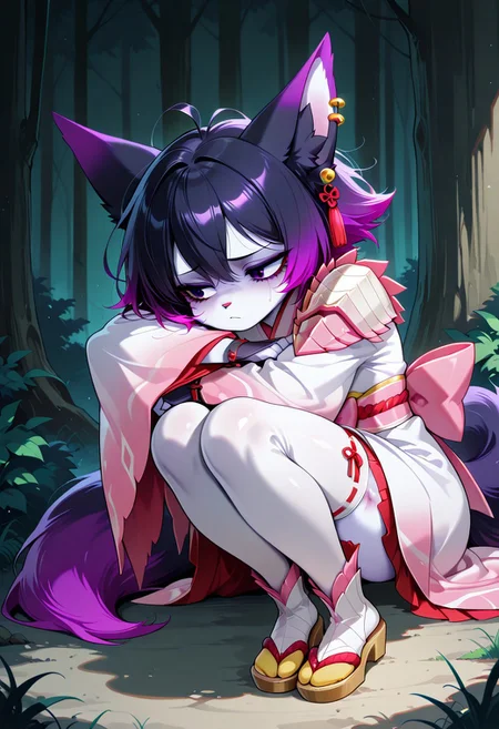 (Cute) cat girl,sad) bruise, anti, scared
pale_skin (cat nose)
Messy hair, black_hair, fox_tail
Piercings, Short Hair, Gradient Hair, purple hair, Furry, Tail, Black hair, Female, Cat Ears, Goth, Solo, White skin, Shiny
(little)
Retro, Cartoon
lilandavastyle, Expressive, (score_9, score_8_up, score_7_up), 1girl, solo,
Good quality 720p
Detailed
mizutsune armor
tamamitsune
mizutsune armor, white detached sleeves, white thighhighs, white wataboushi, yellow sandals, white kimono