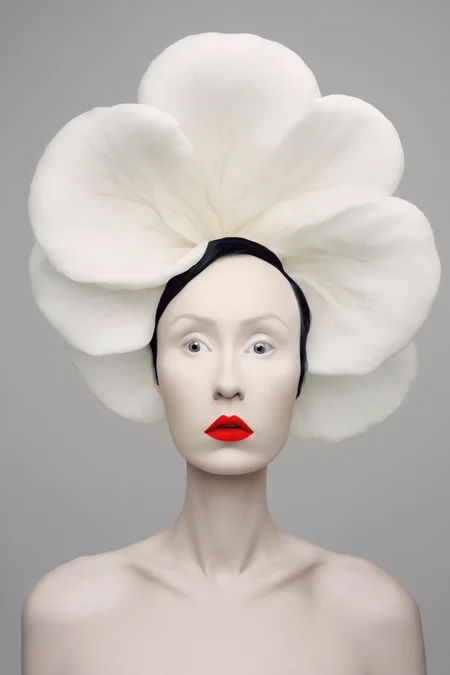 <lora:Photographer Flora Borsi Style:1>Photographer Flora Borsi Style - a woman with a large white flower on her head and a red lipstick on her lips