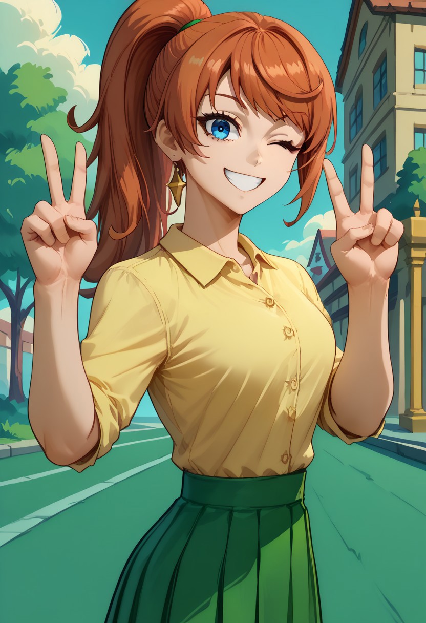 solo, 1girl, anna_taktop, red hair, ponytail, blue eyes, absurdres, 4kres, score_7_and_higher, masterpiece, high quality, good eyes, good hands, yellow shirt, green skirt, smile, tounge out, wink,  outside, looking at viewer, peace sign, side view, high quality, freebos_smoothiestyle,