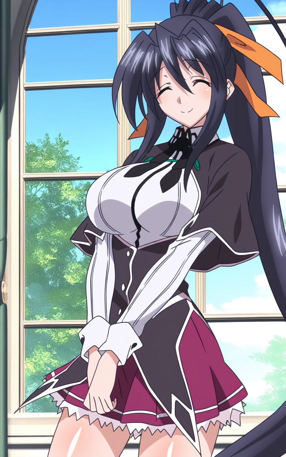 masterpiece, detailed, hgsdxd artstyle, 1girl, solo, himejimaakeno, long hair, smile, skirt, large breasts, black hair, ribbon, hair between eyes, very long hair, closed eyes, kuougakuen uniform, hair ribbon, raihenxx body, ponytail, capelet, high ponytail, standing, (cowboy shot), ^_^, indoors, window, day, looking at viewer, <lora:hgsdxd-nbai:1>