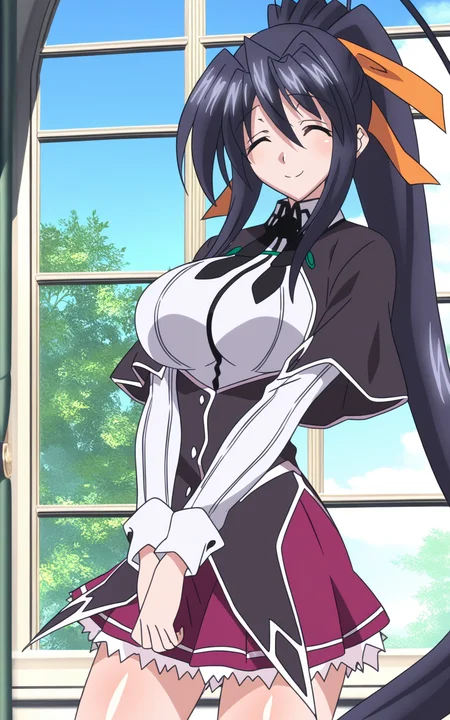 masterpiece, detailed, hgsdxd artstyle, 1girl, solo, himejimaakeno, long hair, smile, skirt, large breasts, black hair, ribbon, hair between eyes, very long hair, closed eyes, kuougakuen uniform, hair ribbon, raihenxx body, ponytail, capelet, high ponytail, standing, (cowboy shot), ^_^, indoors, window, day, looking at viewer, <lora:hgsdxd-nbai:1>