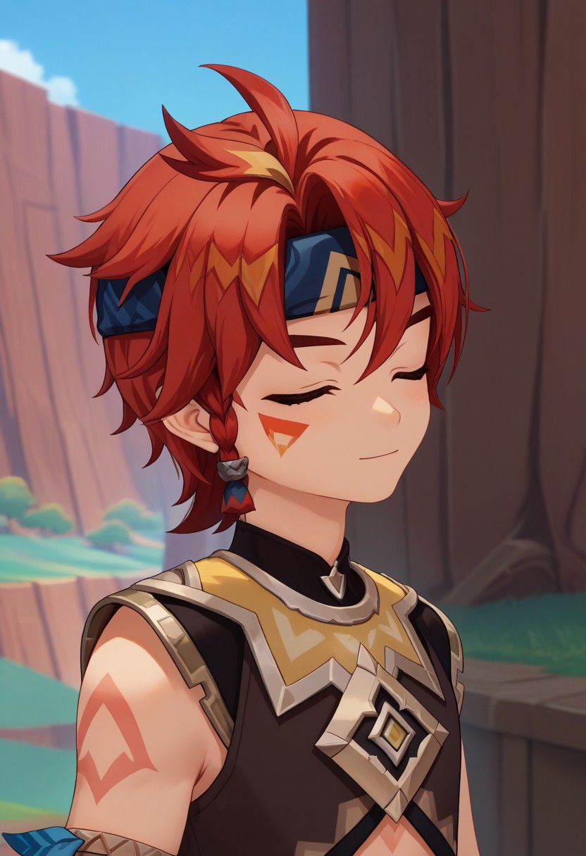 score_9, score_7_up, source_anime
mausau, 1boy, male focus, solo, closed eyes, red hair, multicolored hair, streaked hair, headband, blue headband, braid, single braid, side braid, tattoo, facial tattoo, shirt, brown shirt, sleeveless, smile, closed mouth, portrait
outdoor,