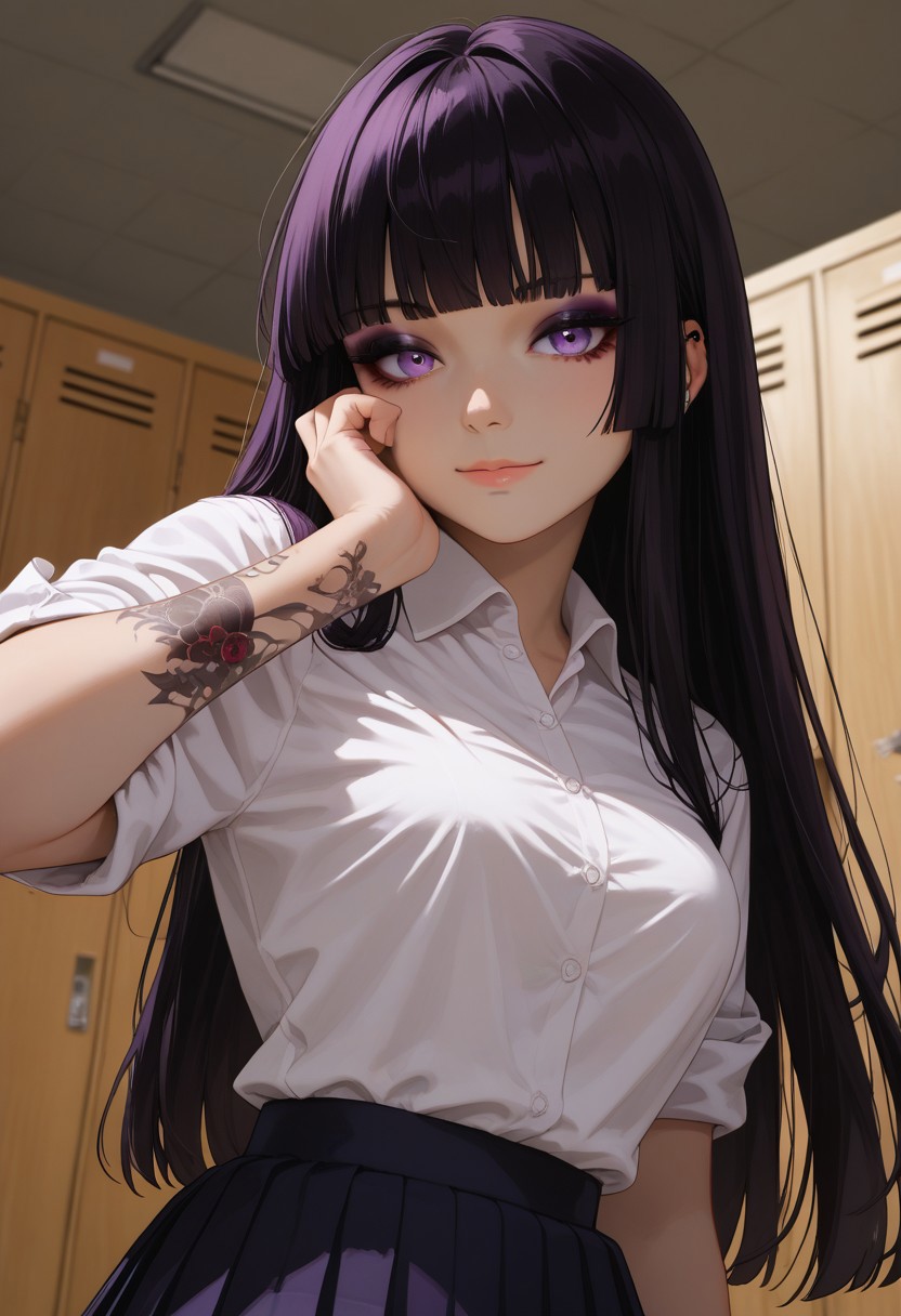 (score_9, score_8_up, score_7_up), 1girl, solo, black hair, purple eyes, long hair,  straight bangs,  26 years old, medium breasts, (goth:1.1), eyeshadow, white shirt,  hime cut,  rolled up sleves, standing, white shirt, pleated skirt,
tattoo, tattoo on body, tattoo on arm, from below,
Expressiveh, 
fisheye,  (dutch angle, face close-up, face focus :1.3), 
indoors, college, locker room,
(smile:0.9),