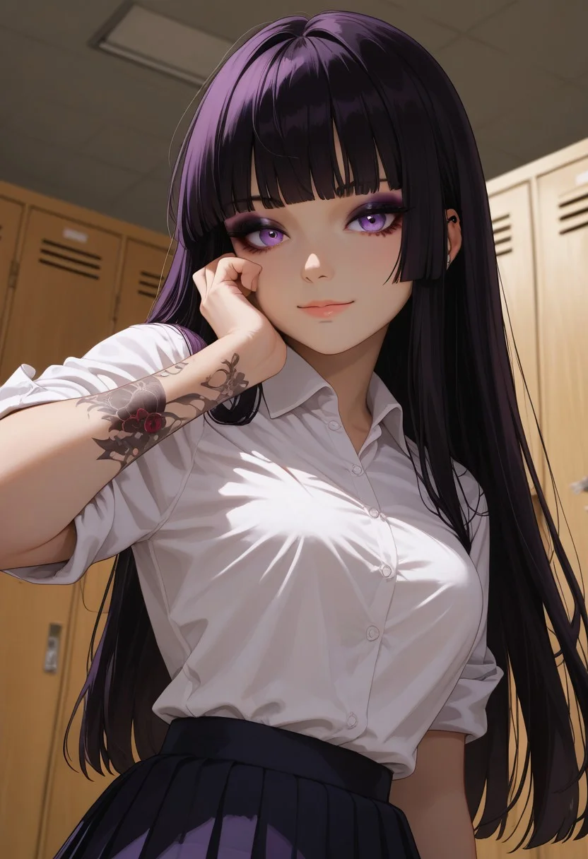 (score_9, score_8_up, score_7_up), 1girl, solo, black hair, purple eyes, long hair, straight bangs, 26 years old, medium breasts, (goth:1.1), eyeshadow, white shirt, hime cut, rolled up sleves, standing, white shirt, pleated skirt,
tattoo, tattoo on body, tattoo on arm, from below,
Expressiveh,
fisheye, (dutch angle, face close-up, face focus :1.3),
indoors, college, locker room,
(smile:0.9),