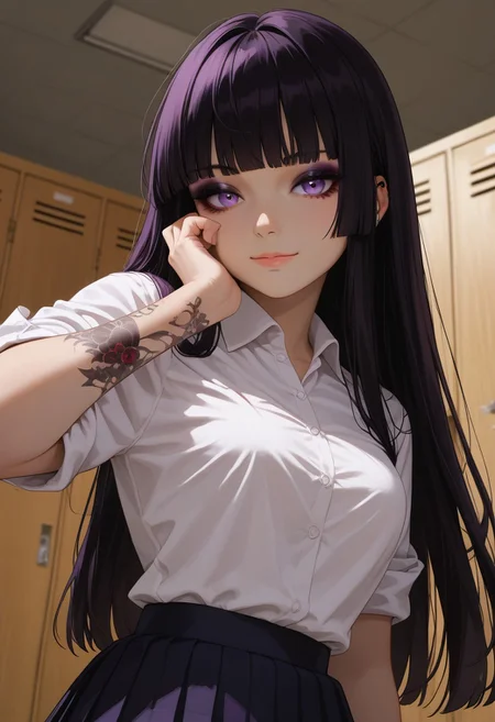 (score_9, score_8_up, score_7_up), 1girl, solo, black hair, purple eyes, long hair, straight bangs, 26 years old, medium breasts, (goth:1.1), eyeshadow, white shirt, hime cut, rolled up sleves, standing, white shirt, pleated skirt,
tattoo, tattoo on body, tattoo on arm, from below,
Expressiveh,
fisheye, (dutch angle, face close-up, face focus :1.3),
indoors, college, locker room,
(smile:0.9),