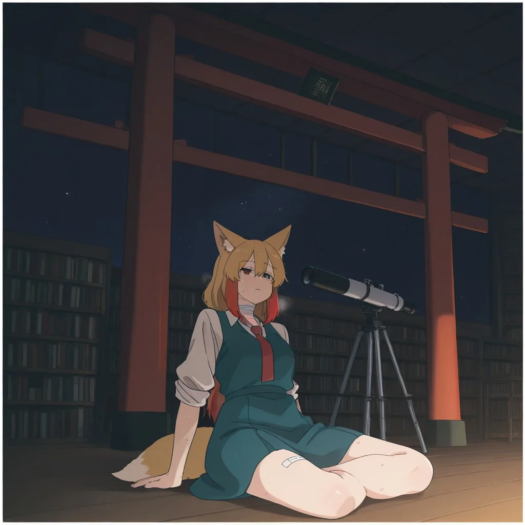 masterpiece, best quality, amazing quality, 1girl, solo, fox girl, multicolored hair, fox ears, red necktie, sweat, bandaged neck, skirt set, skirt, sleeves rolled up, border, library, exhausted, sitting, crossed legs, torii, space, telescope
