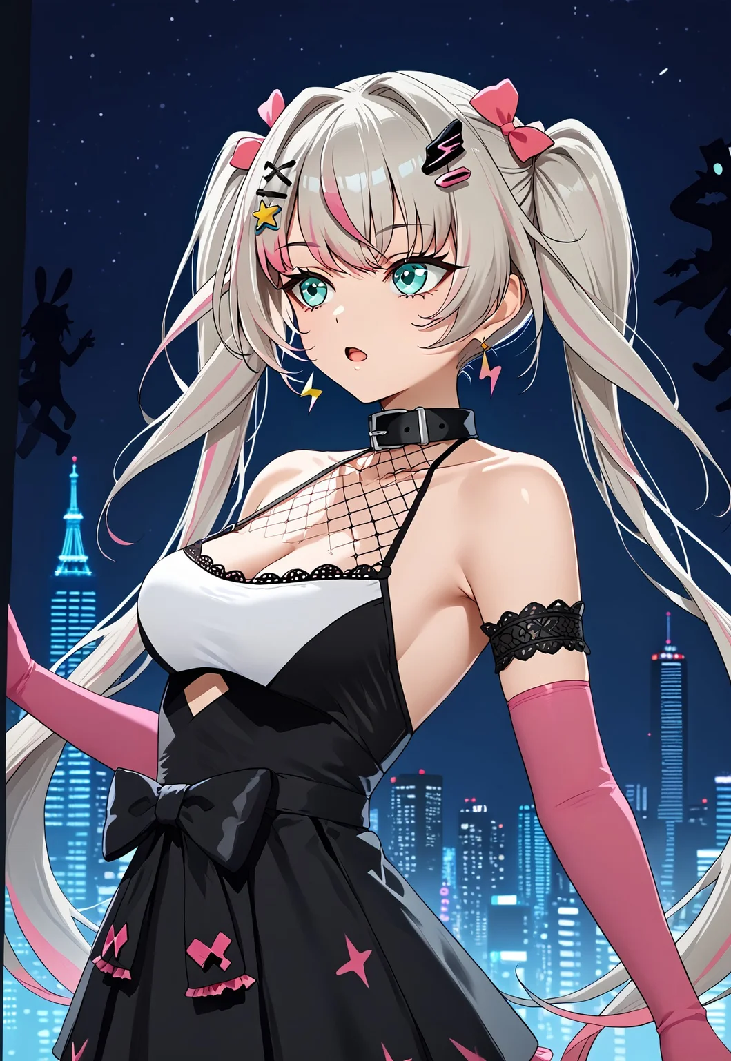 safe_pos, 1girl, solo, solo focus, highres, absurdres, Lia1st, hair ornament, twintails, multicolored hair, silver hair, pink hair, streaked hair, bangs, aqua eyes, earrings, hairclip, star hair ornament, very long hair, hair bow,
bare shoulders, collar, cleavage, fishnets, gloves, collarbone, pink gloves, elbow gloves, black skirt,
looking to the side, ((from side)), open mouth,
cityscape, neon lights,, night, night sky, backlighting, silhouette,