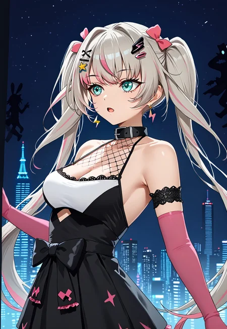 safe_pos, 1girl, solo, solo focus, highres, absurdres, Lia1st, hair ornament, twintails, multicolored hair, silver hair, pink hair, streaked hair, bangs, aqua eyes, earrings, hairclip, star hair ornament, very long hair, hair bow,
bare shoulders, collar, cleavage, fishnets, gloves, collarbone, pink gloves, elbow gloves, black skirt,
looking to the side, ((from side)), open mouth,
cityscape, neon lights,, night, night sky, backlighting, silhouette,