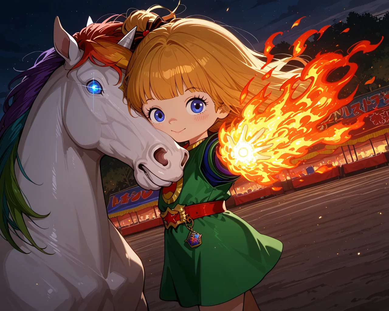 IllusP0s, PonyScores7, source_anime, ah1, IllustriousQual, interesting, exciting, spectacular, wonderful,
BREAK (Dutch Angle, (from side), focus on head),
BREAK 1girl, <lora:Rainbow Brite Illustrious 1:0.6>, Rainbow Brite, Starlight, A white horse with a rainbow mane, <lora:shinyskin2:0.2>, glistening skin,
BREAK (blonde hair), long hair, <lora:hairdetailpxl:0.2>, hairdetailpxl,
BREAK (blue eyes), <lora:expressive eyes:0.2>, expressive eyes, <lora:eyedetailpxl:0.2>, eyedetailpxl, <lora:Eyes_High_Definition:0.2>, EyesHD,
BREAK ((6 9)), <lora:Expressive_H:0.2>, Expressiveh, <lora:Emotional_Anime_Expressions_PonyXL_Concept:0.2>, emotional, <lora:Best_Facial_Expression_LoRA_PONY:0.2>, looking at viewer, <lora:Detailed expressive EXEV style -XL Pony V1.0:0.2>, FaceDetail,
BREAK ((A woman touches a rune-engraved pendant, and a burst of fire erupts from the pendant, engulfing a target in flames)),
BREAK (Sour Apple Green Satin wrap dress),
BREAK (((Festival Ground, Festive atmosphere music colorful crowds))),
BREAK <lora:xl_more_art-full_v1:0.2>, <lora:aesthetic_anime_v1s:0.2>, <lora:EpicF4nta5yXL:0.2>, <lora:detailxl:0.2>, detailxl, <lora:Fant5yP0ny:0.2>, best quality, amazing quality, best aesthetic, absurdres, illustration, Volumetric_Lighting, ultra-detailed, very aesthetic, intricate details, 8k, masterpiece, best_quality
BREAK Stable_Yogis_PDXL_Positives, AS-Adult, <lora:Complicated fantasy portrait - XL Pony V2.0:0.2>, bad-hands-5, <lora:HDA_Detailer:0.3>,