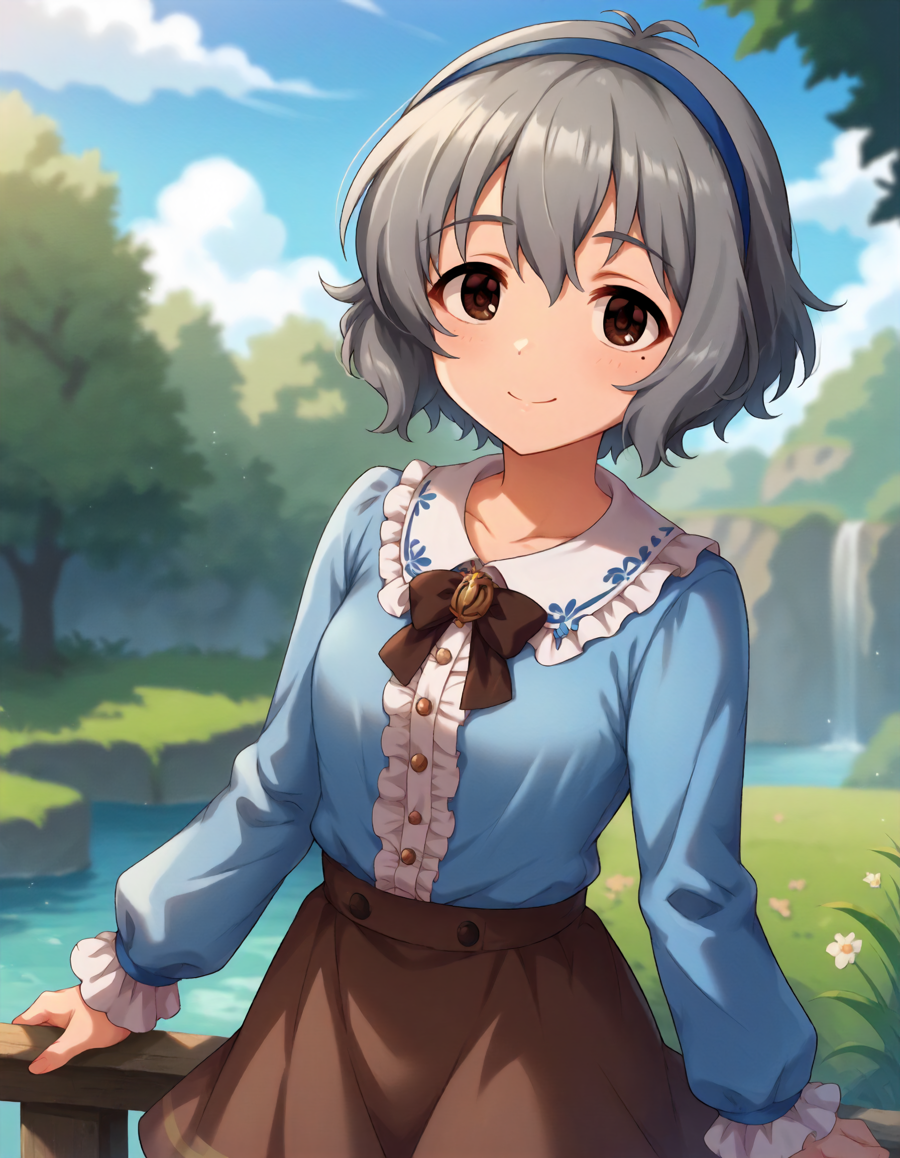 score_9,score_8_up,score_7_up,1girl,solo,cowboy shot,looking at viewer,smile,outdoors,
<lora:narumiyayume_ponyXLV6:0.8>,cgnym,
grey hair,short hair,brown eyes,mole under eyes,small breasts,
blue hairband,blue blouse,long sleeves,brown skirt