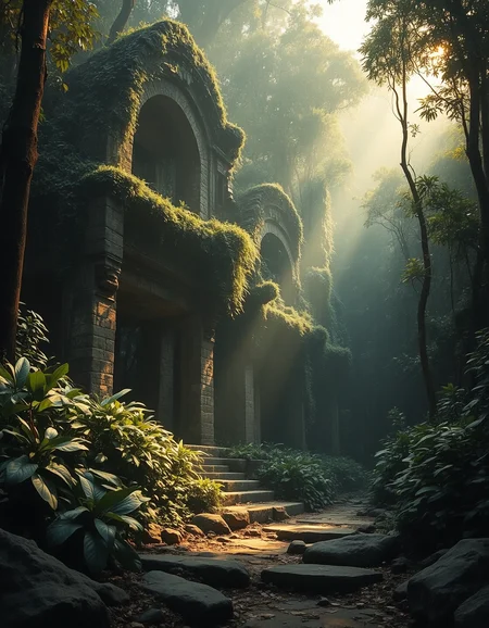 Imagine an image of an ancient ruin deep in the jungle, overgrown with vines and illuminated by golden sunlight breaking through the canopy.
