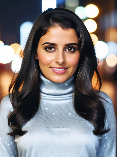 a photo of a pretty 30-year-old woman, desi, professional portrait photo,high neck Silver turtleneck sweater, flowing black hair and bangs, smiling, soft lighting, solo, night time, city bokeh lights  <lora:Desi_Coffee_V30_SDXL_LoRA:1>