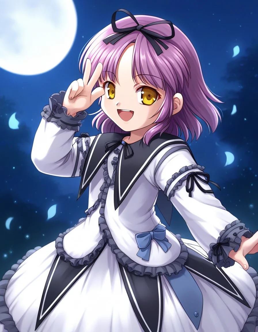 score_9, score_8_up, score_7_up, source_anime, rating_explicit, BREAK <lora:Renne_Bright_XL:1> Renne_Bright, purple hair, medium hair, yellow eyes, hair ribbon, black ribbon, short stack,
1girl, solo, smile, ribbon, dress, bow, frills, white dress, skirt, long sleeves, open mouth,
night, full moon,
smile,
looking at viewer,
cowboy_Shot,