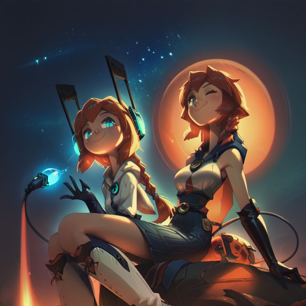 score_9, score_8_up, score_7_up, score_5_up, 28y old girl, pale skin, tall girl, long (((thick))) neck, long legs, (sitting), astronaut engineer, gradient brass to copper, heavy visor robot eye on one eye, two eyes, oversize long thick darkcopper skirt, ((engineer gloves)), taped long skirt above legs, heavy utility tools belts hanging, champion belt with huge buckle with many toolboxes, oversize hoodie on back, red thick rubber oversize hood on the back top, open helmet, covered ears, light plate space armor, heavy backpack, covered neck with radio, microphone from headset to mouth, thick black wires around, ((oversize)) thick glass bubble helmet transparent, mecha long winglike antennas above helmet, square oversize glasses, white rubber heavy sneakers, white long socks, translucent slime boy, (((black thick and long wire tail))),  beautiful eyes, (((detailed eyes, detailed face))), (smug), (((long)) (tape) (striped) hairstyle with this single ((large)) (((very long))) taaped braid, soft shading, 8k, masterpiece, face and waist close-up shot, dark space background,