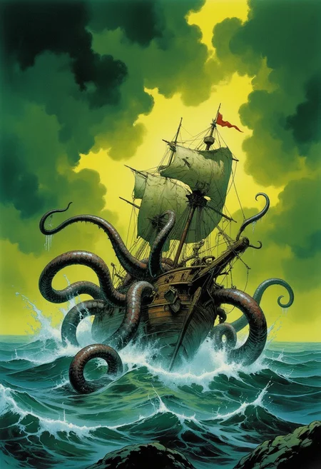Comic book style 8k high quality digital painting , masterpiece, very detailed, ultra realistic, (best quality) very detailed epic masterpiece, a sailing ship on a stormy ocean is being attacked by a giant kraken emerging from the water, tentacles winding around the ship, big waves, dramatic dark green yellow sky, action, scary, best quality, epic scene, Dungeons and dragons atmosphere, heroic fantasy, fna_style, Comic book style