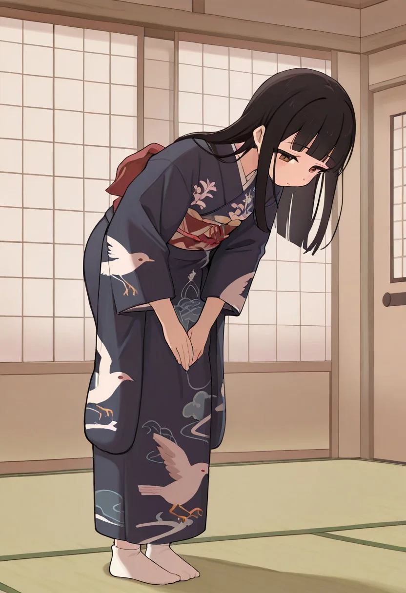 masterpiece, best quality, absurdres, 1girl, solo, female focus, Atsuko_IG, brown eyes, asian, black hair, long hair, blunt bangs, Kimono, print kimono, bird print, obi, white socks, no shoes, standing, indoors, bowing, ry0k4n, indoors, tatami, shouji, sliding doors,