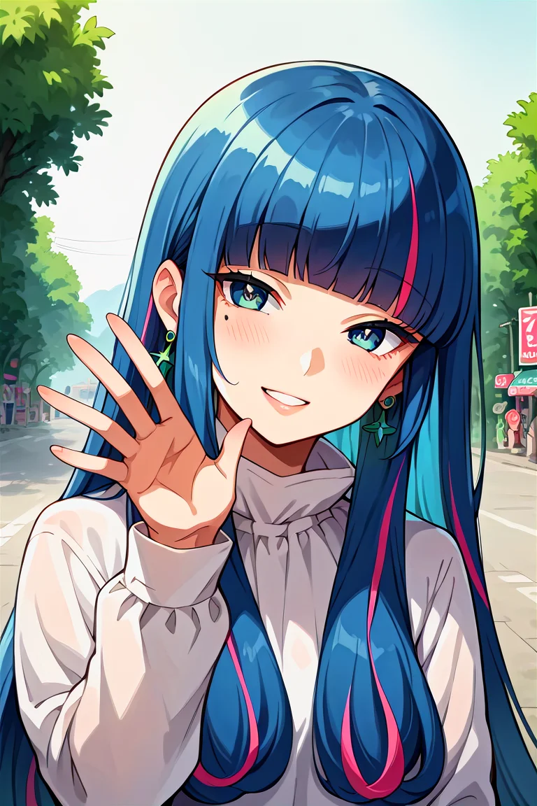 score_9, score_8_up, score_7_up, score_6_up, score_5_up, score_4_up, rating_questionable, , source_anime, digital illustration, pixiv, fanbox, uncensored, , BREAK, official art,
1girl, solo, female, eida, blue hair, blunt bangs, colored colored inner hair, long hair, earrings, long sidelocks,
white shirt, long sleeves, jewelry, upper body, close-up, waving, outdoors, light smile, blush, cowboy shot, looking at viewer, colorful, vivid <lora:Eida_Pony-10:0.8>