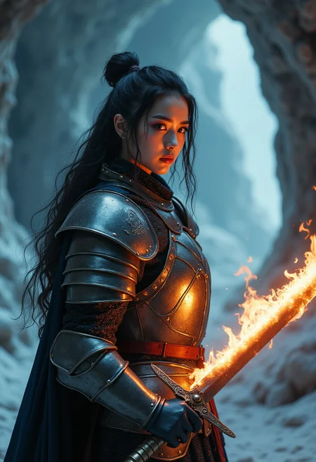 photo of a stunning, oriental female knight in full armour, no helmet, long loose hair eye shadow, make-up, holding a blazing legendary sword, standing in an ice cave, directional lighting, High Detail, Perfect Composition, RAW photo, great lighting, intricate detail