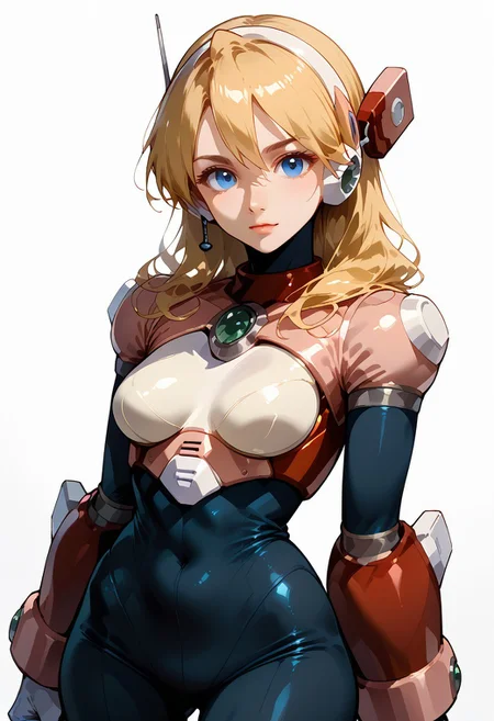 Score_9, score_8_up, score_7_up, 1girl, alia, bodysuit, armor, blonde hair, blue eyes, standing, medium breasts, looking at viewer, robot ears, simple white background
