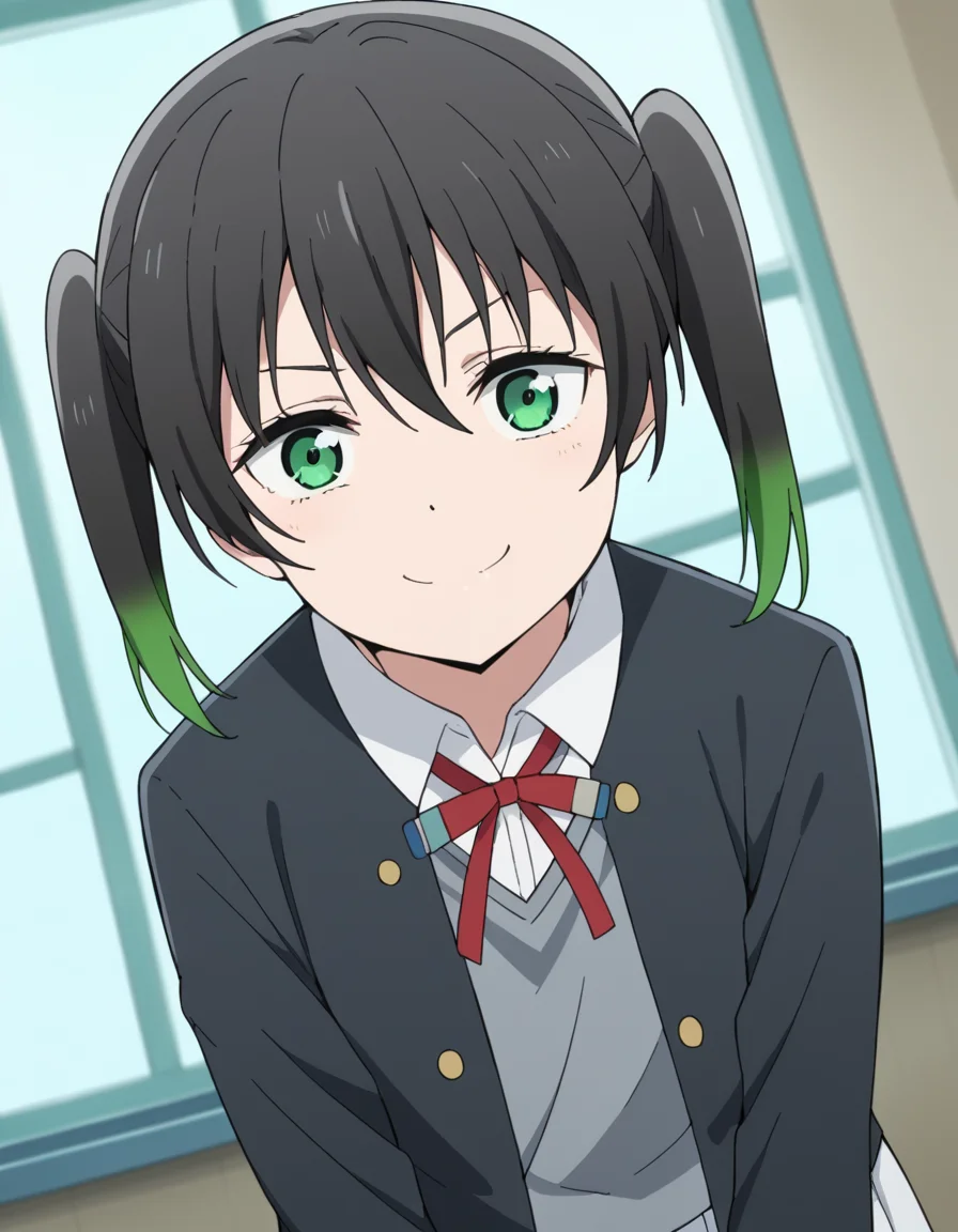 score_9, score_8_up, score_7_up, source_anime, <lora:yuu-takasaki-s2-ponyxl-lora-nochekaiser:1>, yuu takasaki, bangs, black hair, hair between eyes, twintails, green eyes, multicolored hair, green hair, medium hair, two-tone hair, gradient hair,, skirt, long sleeves, school uniform, jacket, red ribbon, black jacket, blazer, nijigasaki academy school uniform, white skirt,, indoors, bent over, smile, smug, looking at viewer, solo,, cowboy shot, dutch angle
