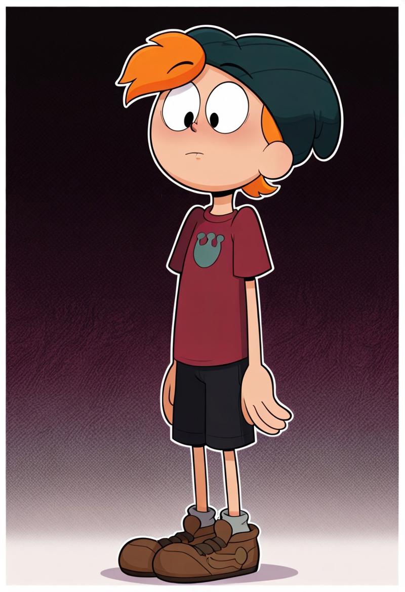 sprig twig, solo, 1boy, orange hair, green beanie, red shirt, red shirt with a frog footprint logo, black shorts, brown shoes, full body, masterpiece, best quality, amazing quality, very aesthetic, absurdres, newest,, upper body, halftone effect, white borders, abstract background:1.2,