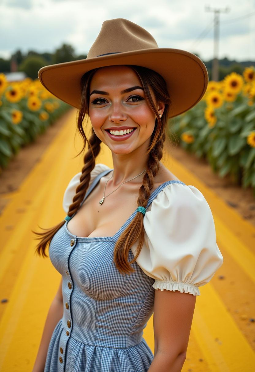 cowboy shot, dyamic angles, multiple angles, she is looking at the camera, with adoration, retro50s_style, photoshoot poses; the image is a portrait of a MPV@Danny_PD_Milf_WBFV . she is standing. she has piercing eyes. She is cosplaying as dorthy from the wizard of oz, the dress hangs past her knees.  She has happy look on her face. she is laughing with her mouth open. She is outdoors, standing on the yellow brick road from the wizard of oz movie. on each side of the road is a field of sunflowers. The overall mood of the image is happy.RAW candid cinema,16mm,color graded portra 400 film,remarkable color,ultra realistic,textured skin,remarkable detailed pupils,realistic dull skin noise,visible skin detail,skin fuzz,dry skin,shot with cinematic camera,detailed skin texture,(blush:0.2),(goosebumps:0.3),subsurface scattering,beautiful photograph in the style of Augustus John,Sergio Toppi,Virginia Frances Sterrett,8k HD,detailed skin texture,ultra realistic,textured skin,analog raw photo,cinematic grain,whimsical.perfection style, looking at the Camera, looking at the Camera, looking at the Camera,aidmafluxpro1.1
