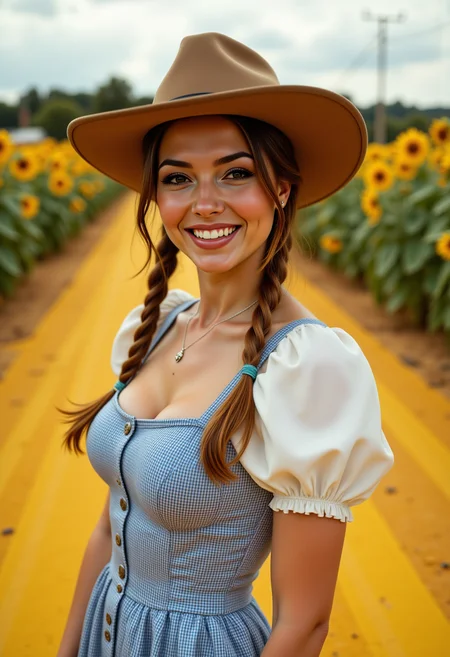 cowboy shot, dyamic angles, multiple angles, she is looking at the camera, with adoration, retro50s_style, photoshoot poses; the image is a portrait of a MPV@Danny_PD_Milf_WBFV . she is standing. she has piercing eyes. She is cosplaying as dorthy from the wizard of oz, the dress hangs past her knees.  She has happy look on her face. she is laughing with her mouth open. She is outdoors, standing on the yellow brick road from the wizard of oz movie. on each side of the road is a field of sunflowers. The overall mood of the image is happy.RAW candid cinema,16mm,color graded portra 400 film,remarkable color,ultra realistic,textured skin,remarkable detailed pupils,realistic dull skin noise,visible skin detail,skin fuzz,dry skin,shot with cinematic camera,detailed skin texture,(blush:0.2),(goosebumps:0.3),subsurface scattering,beautiful photograph in the style of Augustus John,Sergio Toppi,Virginia Frances Sterrett,8k HD,detailed skin texture,ultra realistic,textured skin,analog raw photo,cinematic grain,whimsical.perfection style, looking at the Camera, looking at the Camera, looking at the Camera,aidmafluxpro1.1
