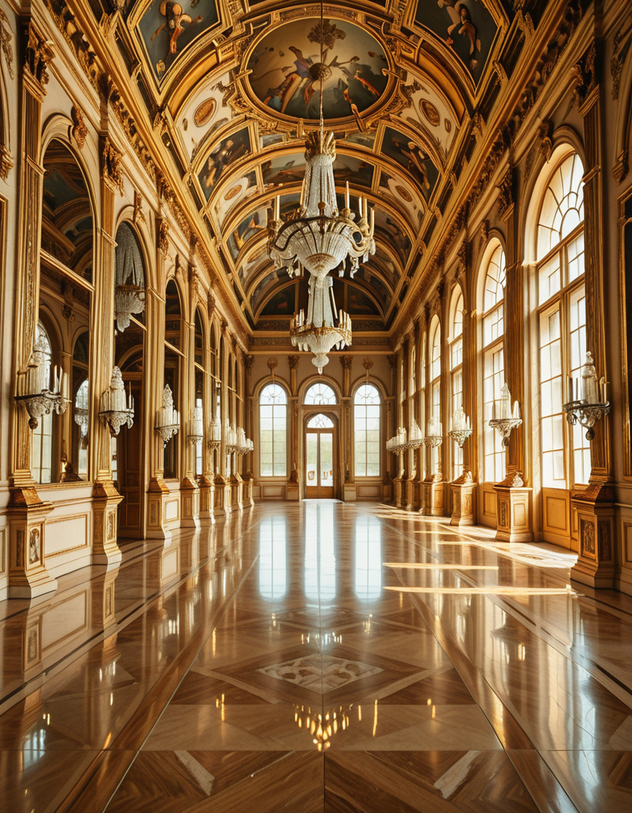 A breathtaking, photorealistic depiction of the Hall of Mirrors (Galerie des Glaces) at the Palace of Versailles in France, captured in golden afternoon light. The hall is grand and opulent, with a high arched ceiling painted with intricate Baroque frescoes. The walls are lined with tall arched mirrors on one side and large arched windows on the opposite side, flooding the space with natural light. Elegant crystal chandeliers hang from the ceiling, reflecting in the mirrors and sparkling with golden highlights. The marble floors are polished and gleaming, with rich, warm tones. Gilded statues and decorative elements frame the mirrors and doorways. The image style is ultra-detailed and photorealistic, with sharp textures and soft, warm lighting creating a majestic, timeless atmosphere. No people present, only the serene magnificence of the empty hall. Camera angle at eye level, centered down the hall, capturing the full length and symmetry of the space.
<lora:SDXLFaeTastic2400:0.4> <lora:extremely_detailed:0.4> extremely detailed,Hall of M1rr0rs, <lora:Hall_of_M1rr0rs-i:1>, Masterpiece,best quality,hi res,8k,hi res,8k,award winning,(sharp focus, intricate, highly detailed),