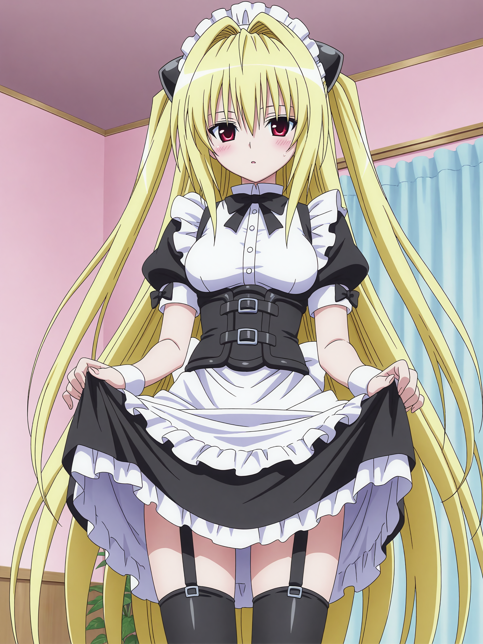 <lora:Konjiki no Yami_1:0.9>,yami,maid,skirt lift,thighhighs,skirt shirt,